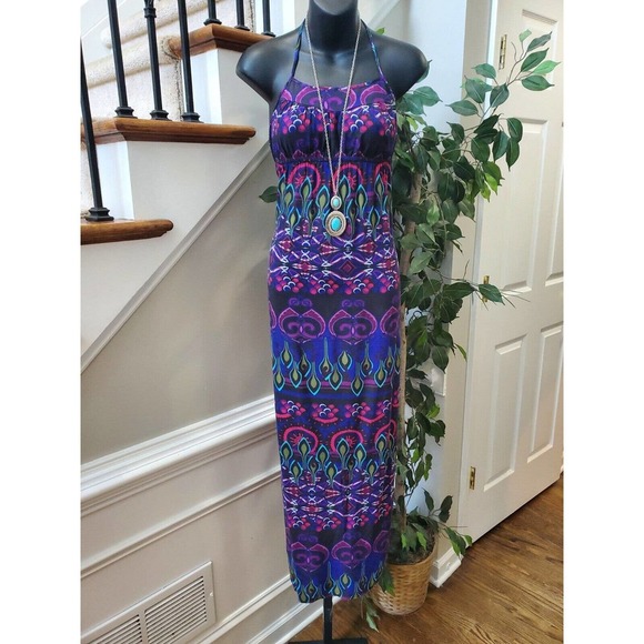 Xhilaration Women's Multicolor Rayon Halter Neck Sleeveless Long Maxi Dress XS - Picture 1 of 11
